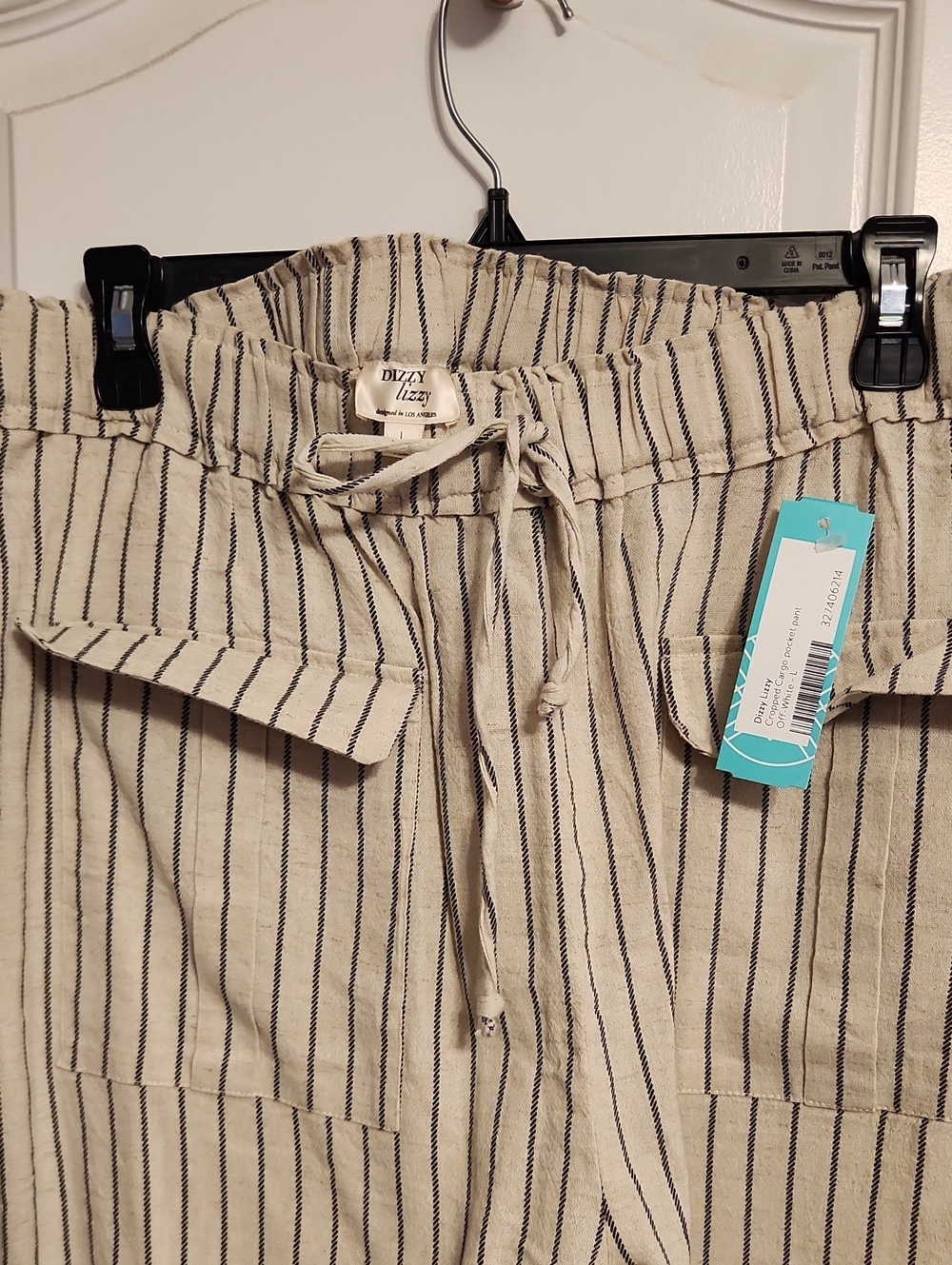 Dizzy Lizzy Cream Drawstring Pants with Black Pinstripes